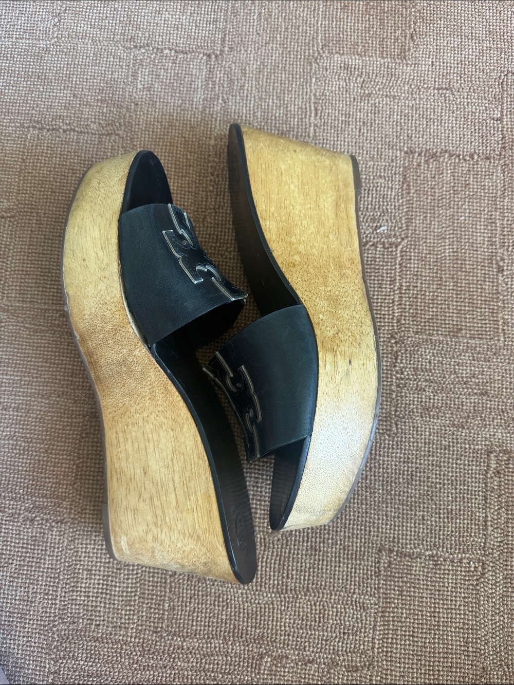 Tory Burch Ines 80 mm Black Leather Logo Slide Wooden Wedge - Picture 9 of 11